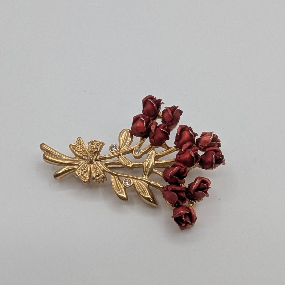 Vintage Red Enamel Rose Bouquet Brooch Gold Tone Floral Pin Rhinestone Accents